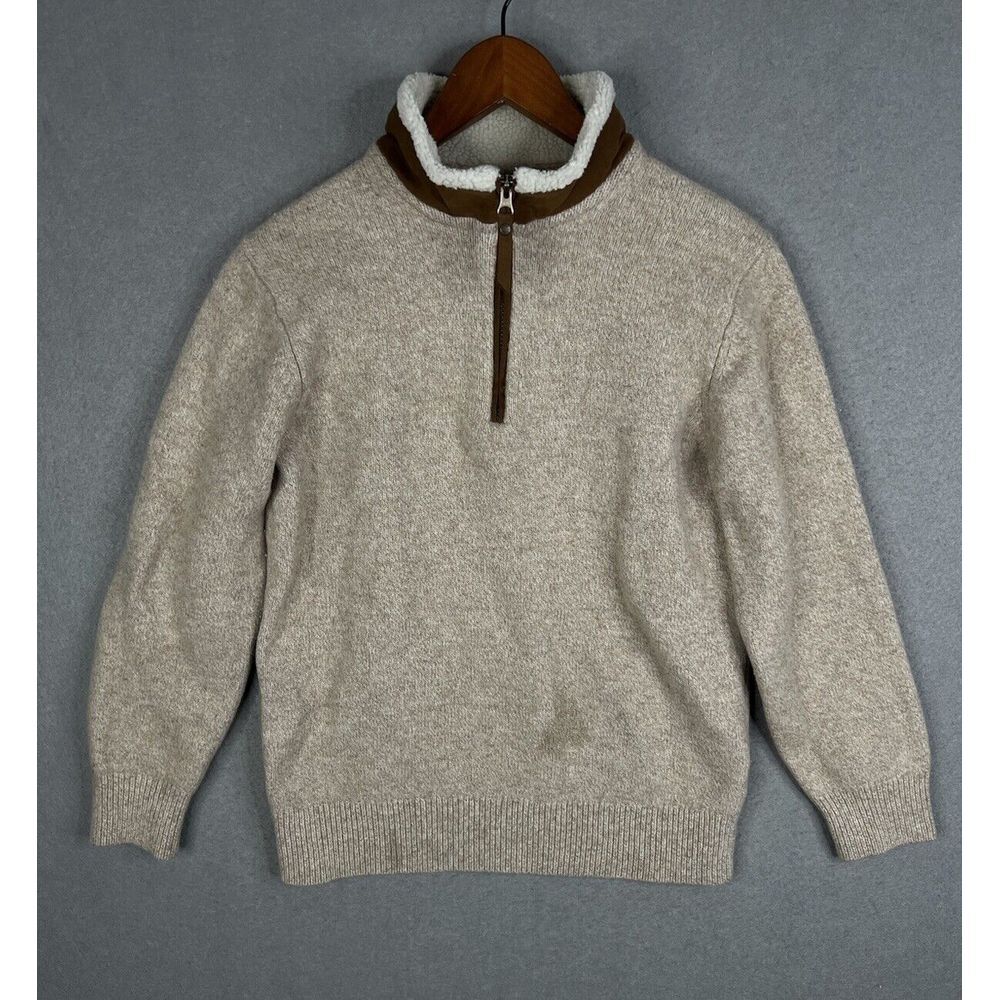 Orvis Sweater Mens Large Beige Stowe 1/4 Zip Lambs Wool Sherpa‎ Leather Collar